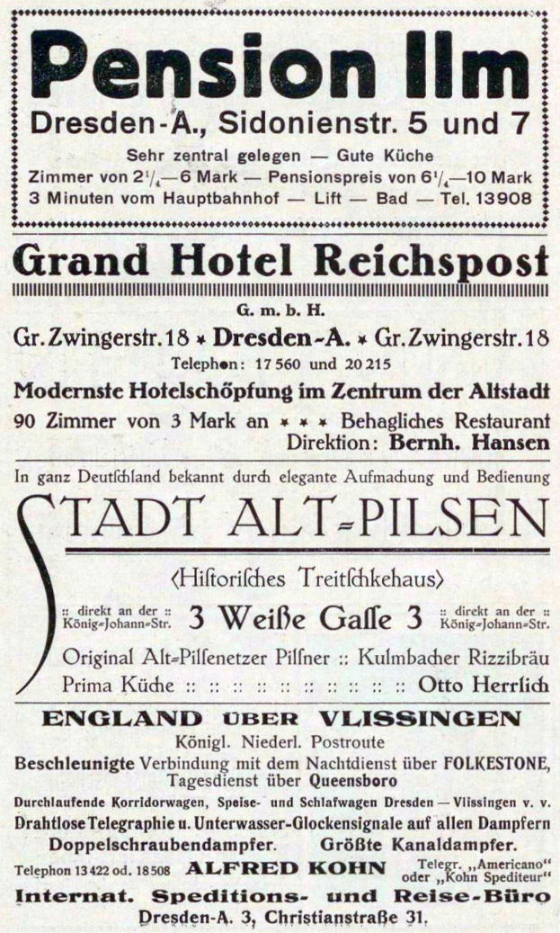 Schwarze und weiße Anzeige für das Pension Inn in Dresden, Deutschland, gedruckt im Format einer alten Zeitung.