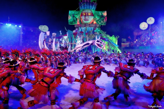 Eine Gruppe von Menschen in farbenfrohen Kostümen tanzt auf einer Bühne vor einem sitzenden Publikum, mit Lichtern, Polen, Ballons und einem Bildschirm, der eine Person in den Hintergrund zeigt, unter einem sichtbaren Himmel, bei der Rio-Karneval 2014.