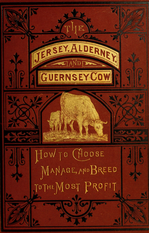 Ein Buch mit dem Titel 'Die Jersey-, Alderney- und Guernsey-Kuh: Wie man auswählt, verwaltet und züchtet, um den größten Gewinn zu erzielen' mit einem Kuhbild auf dem Cover.