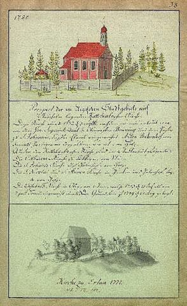 Ein deutsches Schulbuch von 1777 mit einer Illustration eines roten Hauses umgeben von Bäumen und einem Zaun.