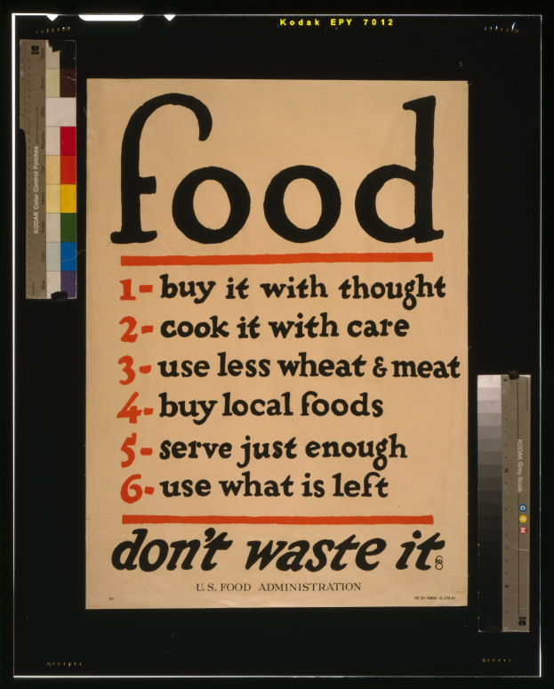 Plakat mit Text, der zum bewussten Einkaufen, sorgfältigen Kochen, reduziertem Getreide- und Fleischkonsum, angemessenen Portionen und Vermeidung von Lebensmittelverschwendung auffordert.