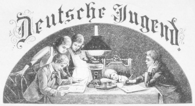 Schwarzes und weißes Plakat mit 'Deutsche Jugend' Text über einer Gruppe von Kindern, die um einen Tisch mit Büchern und einer Lampe sitzen.