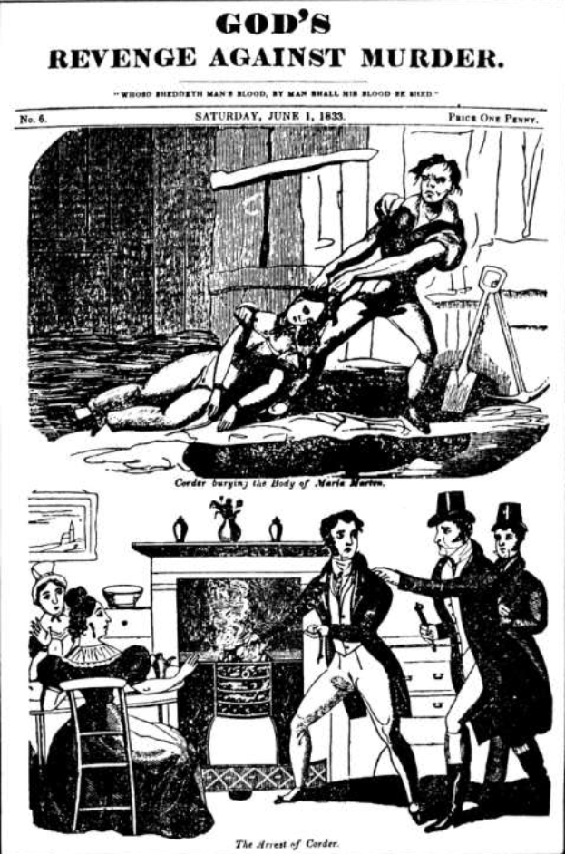 Ein Schwarz-Weiß-Plakat der New York Times vom 1. Juni 1833, betitelt mit 'Gottes Rache für Mord', das eine Gruppe von Menschen in einem Raum zeigt, einige schauen ängstlich nach oben und andere traurig nach unten.