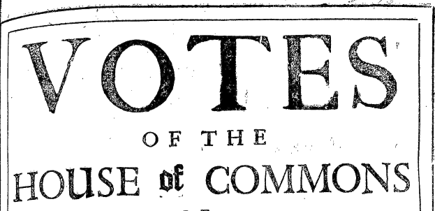 Schwarzer und weißer Plakat mit fetter Schrift, die "Stimmen des House of Commons" liest.