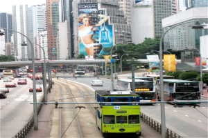 Eine belebte Stadtstraße mit verschiedenen Fahrzeugen, darunter Doppeldeckerbusse, Autos und andere Fahrzeuge, unter einem klaren blauen Himmel, mit hohen Gebäuden, einer Brücke und verschiedenen Straßenmöbeln im Hintergrund.