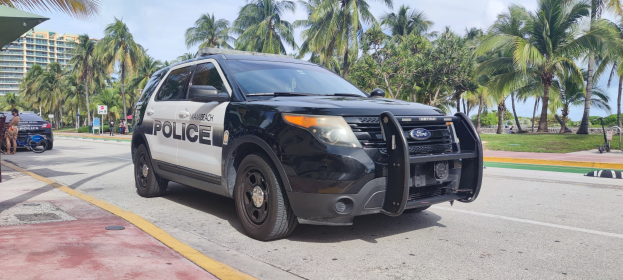 Polizeiauto am Straßenrand mit Menschen, Fahrrädern und Gebäuden im Hintergrund bei einem klaren blauen Himmel.