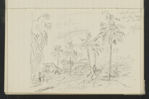 Ein offenes Skizzenbuch, das eine Zeichnung von Menschen zeigt, die in einem üppigen Dschungel mit hohen Bäumen, einem tiefblauen Himmel und verstreuten weißen Wolken unter einer strahlenden Sonne stehen.