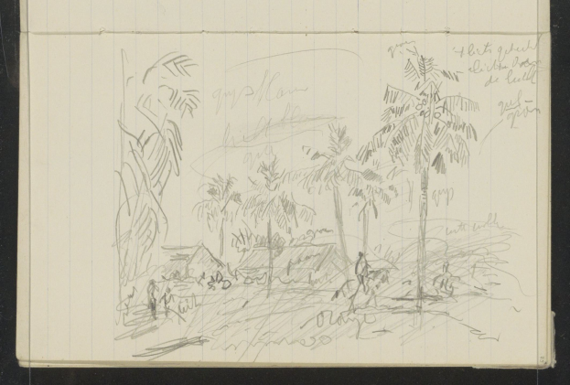 Ein offenes Skizzenbuch, das eine Zeichnung von Menschen zeigt, die in einem üppigen Dschungel mit hohen Bäumen, einem tiefblauen Himmel und verstreuten weißen Wolken unter einer strahlenden Sonne stehen.