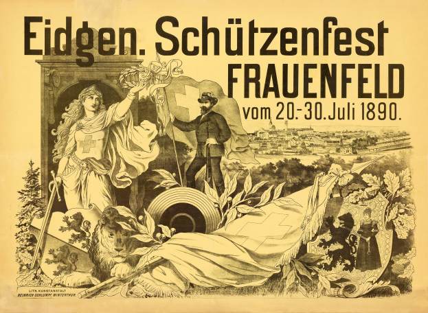 Ein Vintage-Plakat, das das Eidgenössische Schützenfest in Frauenfeld, Deutschland, bewirbt, zeigt einen Mann im Anzug und eine Frau in einem Kleid nebeneinanderstehend, mit Text, der Informationen zum Ereignis enthält.