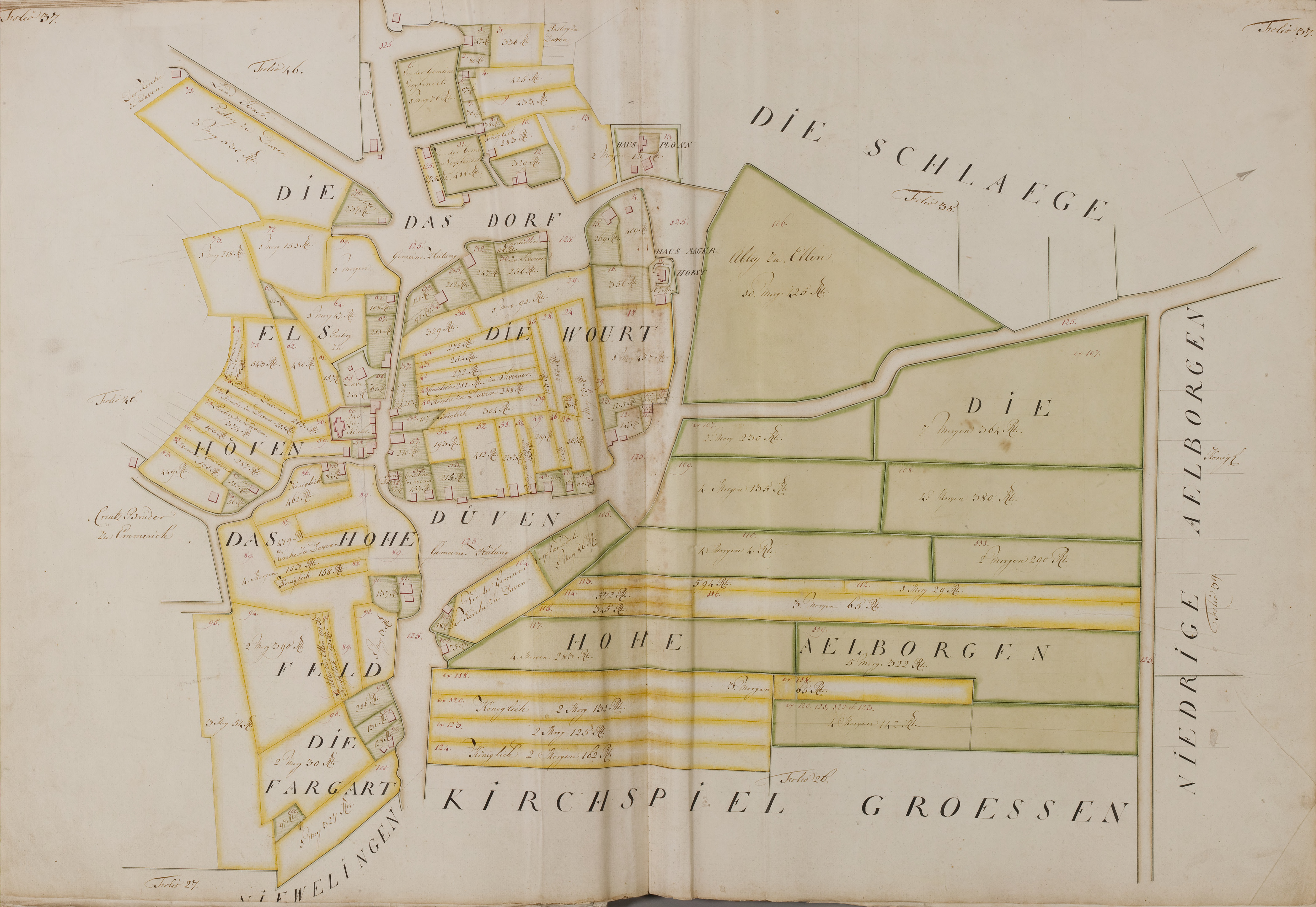 Ein altes Buch mit einer detaillierten Karte von Hamburg, Deutschland, mit Straßen, Gebäuden und Sehenswürdigkeiten, begleitet von beschreibendem Text über die Stadt.