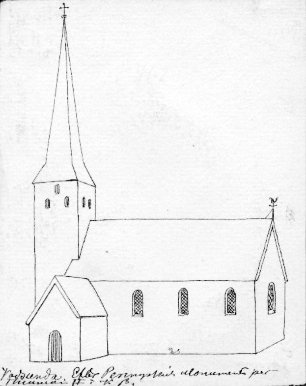 Eine Zeichnung einer Kirche mit einem Turm, einem Glockenturm und Fenstern, beschriftet als sich in Leipzig, Deutschland befindend.