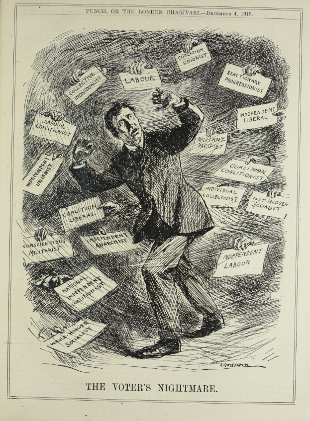 Ein Blatt mit einer Zeichnung eines Mannes im Anzug und Krawatte, der ein Schild mit der Aufschrift 'Der Wähleralbtraum' in fetter Schrift hält, mit entschlossener Miene.