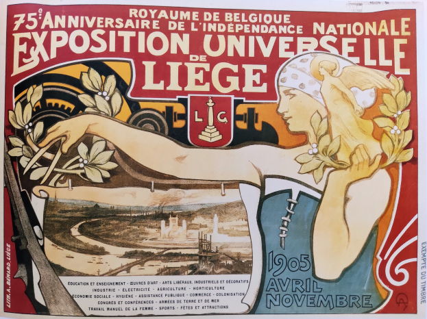 Plakat zum 75-jährigen Jubiläum der Nationalen Ausstellung Universitaire de Liege, das eine Frau mit einem Blumenstraußus und einen Text über das Ereignis zeigt.