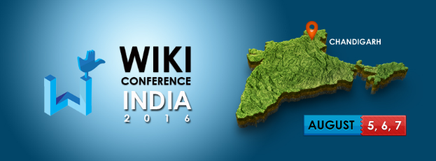 Ein detaillierter Kartenausschnitt von Indien mit "Wiki Conference India 2016" in fetter Schrift, der Chandigarh als Veranstaltungsort hervorhebt.
