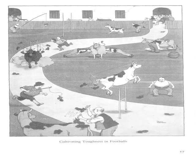 Schwarze und weiße Zeichnung von Menschen und Tieren in einem Feld mit einer Wand und Fenstern im Hintergrund, die den Text 'Zähigkeit im Fußball kultivieren' unten zeigt.