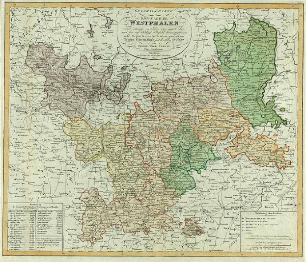 Ein altes Deutschland-Karte mit hervorgehobenen Provinzen Westfalens, gerahmt und mit beschreibendem Text.