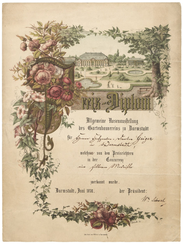 Altes 1870er deutsches Diplom für Gärtner in Darmstadt, zeigt ein von Bäumen, Pflanzen und Blumen umgebenes Gebäude.