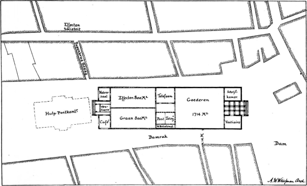 Eine Schwarz-Weiß-Zeichnung einer detaillierten Karte der alten Stadt Amsterdam, die Gebäude, Straßen und Sehenswürdigkeiten zeigt.