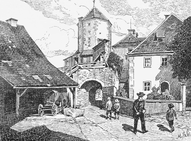 Eine Schwarz-Weiß-Zeichnung von Menschen, die mit einem Karren die Straße entlanggehen, umgeben von Gebäuden mit Fenstern, Bäumen und einem bewölkten Himmel, mit der Inschrift "Münster, Deutschland, 1857" unten.