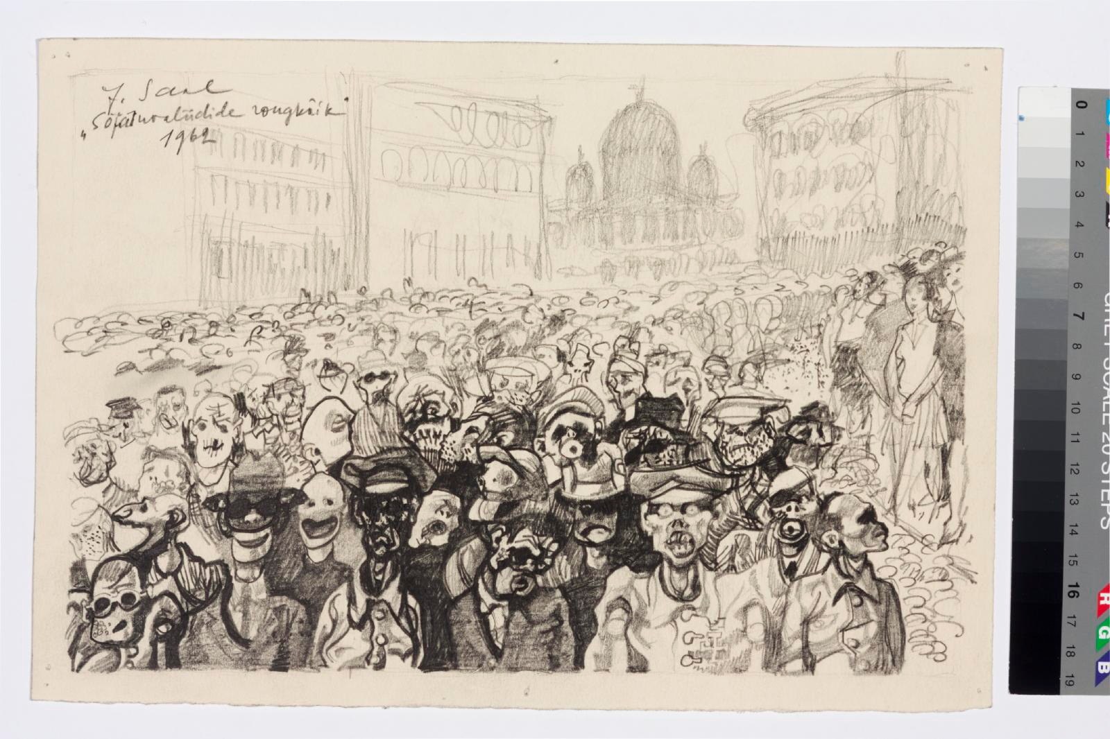 Schwarze und weiße Zeichnung einer Menge, die vor einem hohen Gebäude protestiert, mit einigen, die schreien und gestikulieren, während andere umherlaufen.