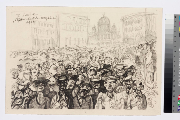 Schwarze und weiße Zeichnung einer Menge, die vor einem hohen Gebäude protestiert, mit einigen, die schreien und gestikulieren, während andere umherlaufen.