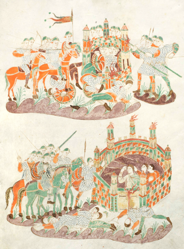 Eine mittelalterliche Handschriftseite, die eine Kampfszene mit bewaffneten Männern zu Pferd zeigt, ein Schloss im Hintergrund, umgeben von grünem Gras und Bäumen, unter einem tiefblauen Himmel.