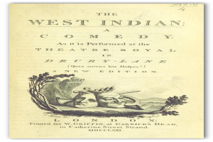 Ein Plakat für 'The West Indian Comedy' im Theatre Royal in Drury Lane, das ein Schwarz-Weiß-Bild eines Mannes in einem Zylinder und einer Frau in einem langen Kleid zeigt, die beide lächeln und in die Kamera schauen, mit dem Titel in fetter, weißer Schrift.