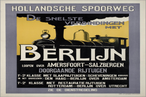 Ein Plakat, das eine Bahnfahrt in Berlin, Deutschland, bewirbt und ein Bild eines Zuges mit Text darauf zeigt.