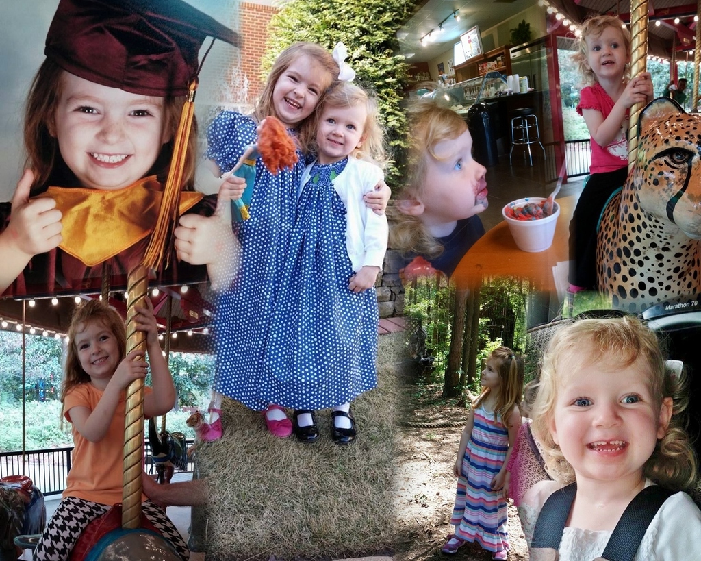 Ein Collage-Bild mit Vergnügungspark-Fahrgeschäften, einem Tisch mit Essensartikeln, verschiedenen Gegenständen, Lichtern, einer Wand, Büschen, Bäumen, Gras, einem Seil und einem Hut.