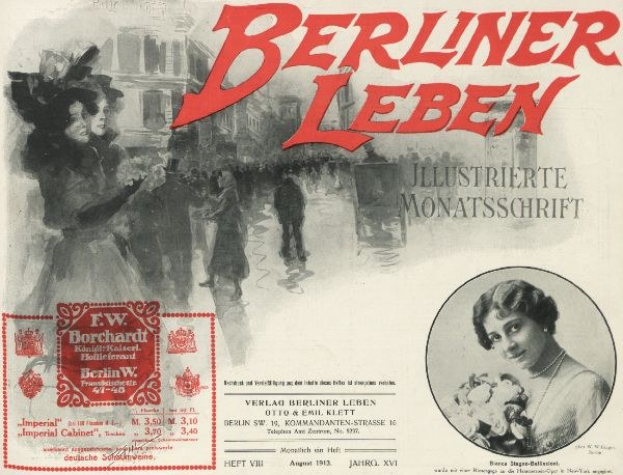 Werbeplakat für den Film 'Berliner Leben', das eine Gruppe von Menschen vor einem Gebäude mit Werbetext zeigt.
