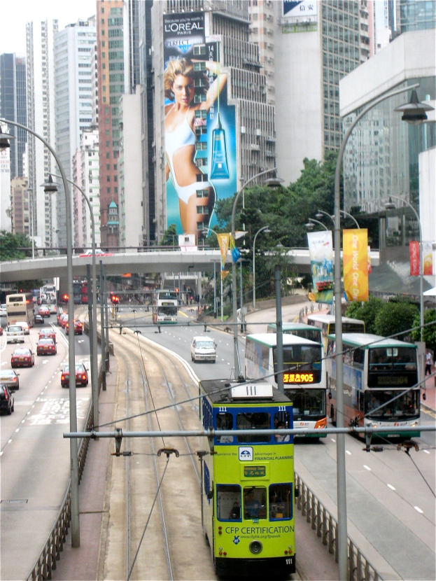 Eine belebte Stadtstraße mit verschiedenen Fahrzeugen, darunter Doppeldeckerbusse, Autos und andere Fahrzeuge, unter einem klaren blauen Himmel, umgeben von hohen Gebäuden, Polen, Lichtern, Tafeln, Bannern, Bäumen und einer Brücke, mit Text am unteren Rand.