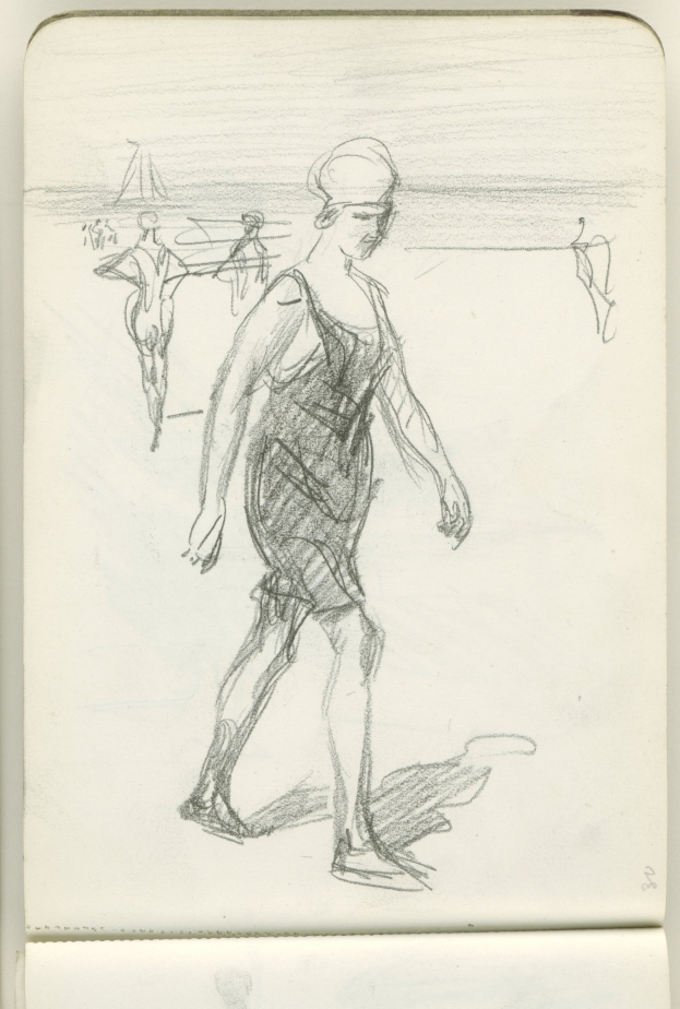 Eine Skizze einer Frau in einem langärmligen Kleid mit hohem Kragen und einem Knoten, die bei Sonnenuntergang am Strand spazieren geht.