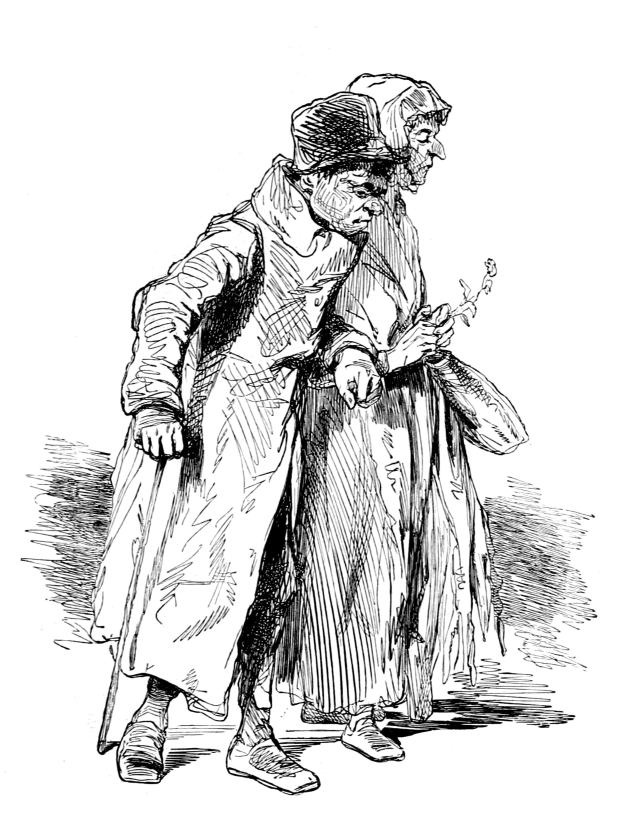 Schwarz-weiß-Foto eines alten Mannes mit Hut und einer Frau, die die Straße entlanggehen, wobei die Frau ein Objekt in der Hand hölt.