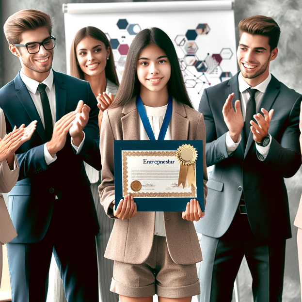 Eine Gruppe von Menschen in einer beruflichen Umgebung klatscht und feiert, während eine Frau in der Mitte ein Zertifikat hält und eine Medaille um den Hals trägt.