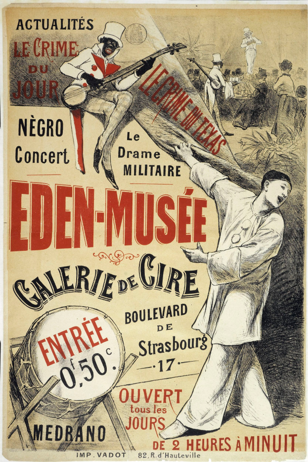 Plakat zum Eden-Museum Galerie de Cire in Straßburg, Frankreich, mit einer Person, die ein Musikinstrument spielt, umgeben von anderen Musikern mit verschiedenen Instrumenten, mit Text zur Veranstaltung.