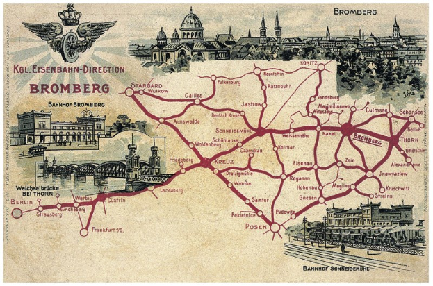 Detailierte Stadtplan-Karte von Bromberg, Deutschland, mit Straßen, Gebäuden, Bäumen, einer Brücke und historischem sowie kulturellen Text.