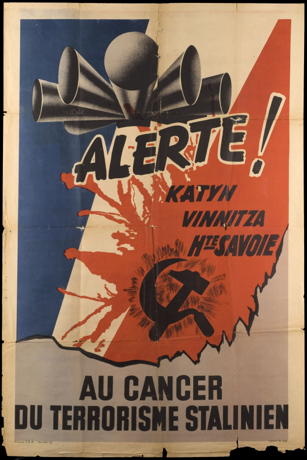 Plakat mit dunklem Hintergrund betitelt "Alarmbotschaft an den Krebs des Terrorismus" auf Französisch, mit Text und Bildern.