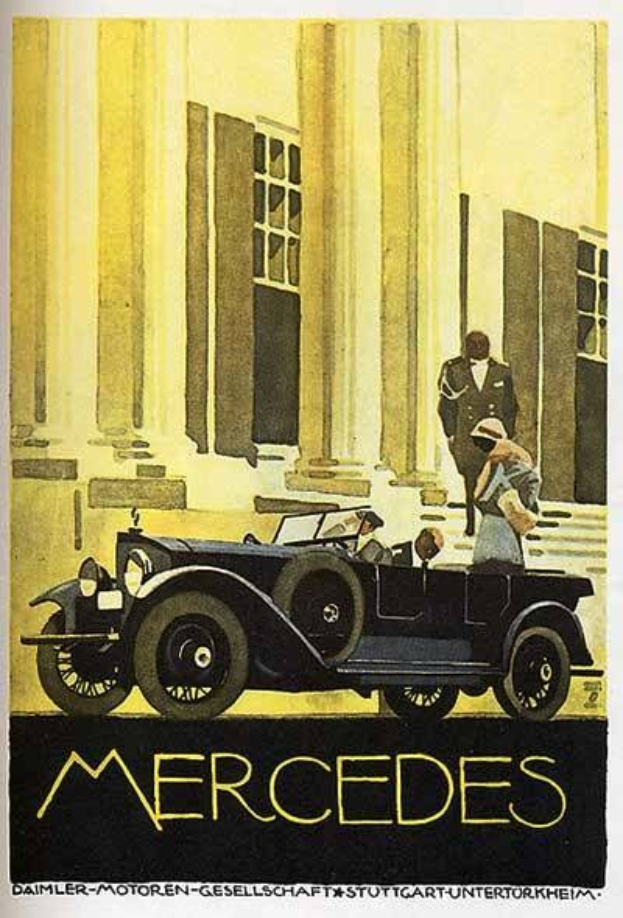 Vintage-Plakat aus den 1920er Jahren von Mercedes-Benz mit einem klassischen Auto mit zwei Insassen vor einem modernen Gl├Ąserturm, mit 'Mercedes-Benz'-Text unten.