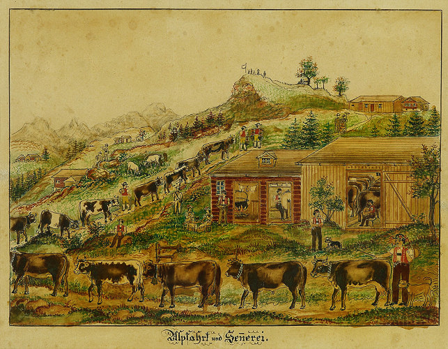 Ein Gemälde einer Farm-Szene mit Kühen, die im Vordergrund grasen, umgeben von Häusern, Bäumen, Hügeln und Menschen, mit Text unten.