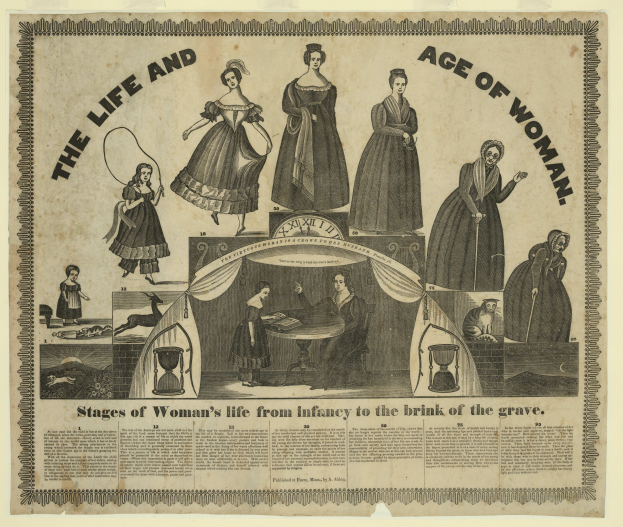 Umschlag eines alten Buches mit dem Titel "Leben und Untersuchung der Möchtegern-Damen", das drei illustrierte Frauen verschiedenen Alters und Ethnien auf dem Cover zeigt.