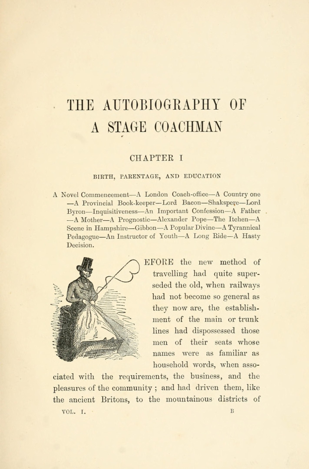 Offenes Buch mit dem Titel "Die Autobiografie eines Kutschers" zeigt eine Zeichnung eines ernsthaft aussehenden Kutschers in einem Anzug, Hut und mit einer Peitsche und einem Buch.