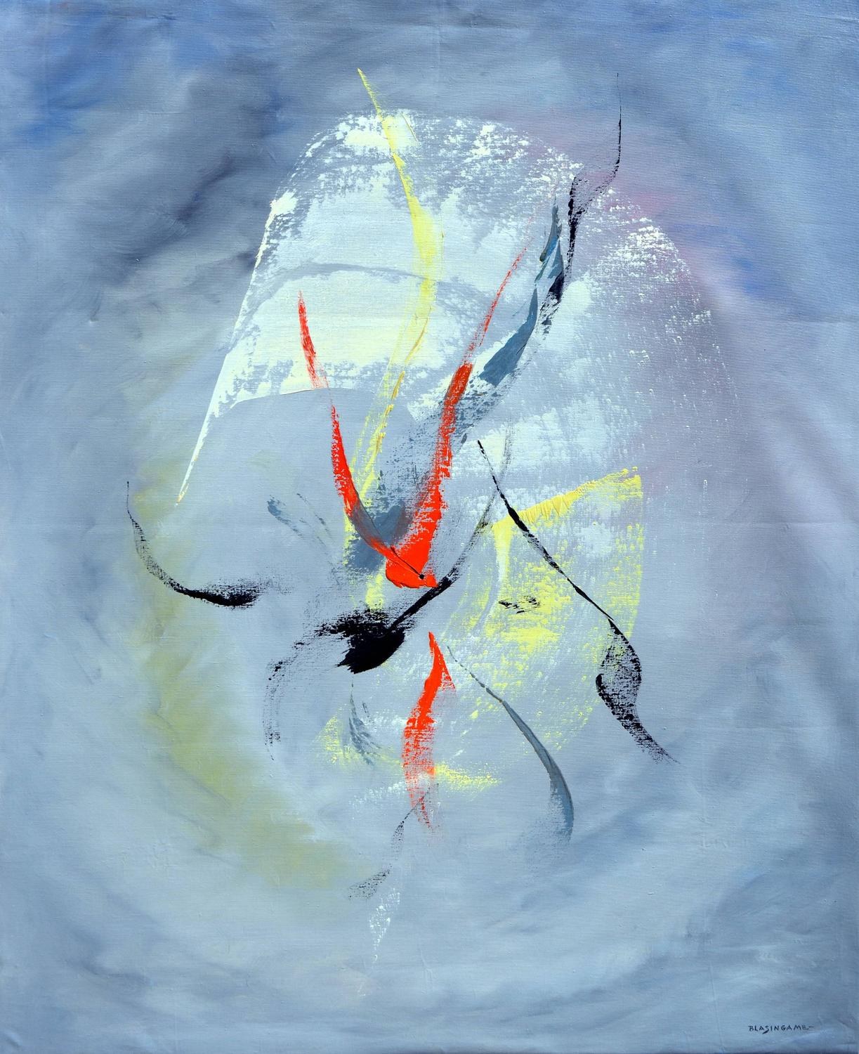Abstrakte Malerei mit blauem Hintergrund, roten und gelben Akzenten, erstellt mit Acryl auf Leinwand in grauen Tönen.