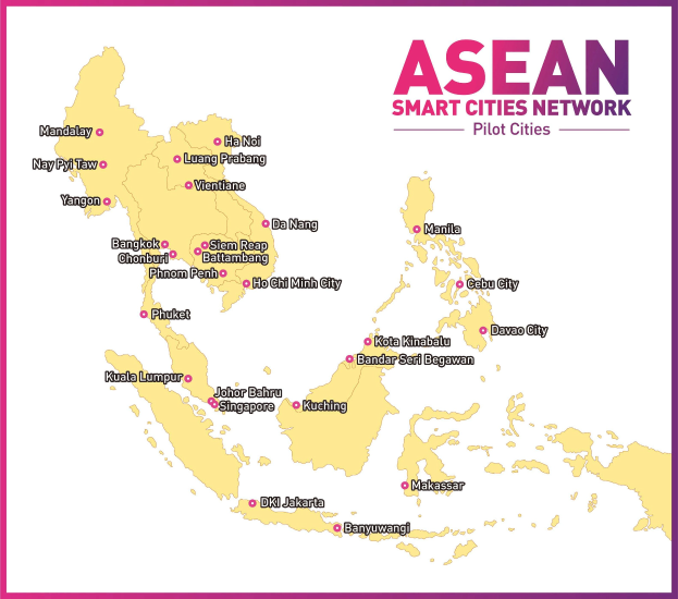 Ein Plakat, das eine detaillierte Karte des ASEAN-Netzwerks für intelligente Städte zeigt und dessen Pilotstädte hervorhebt.