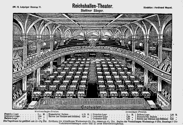 Schwarzes und weißes architektonisches Zeichnung eines Reichshallen-Theater-Saal in Berlin, der Stühle, Säulen und eine Decke mit Text unten zeigt.