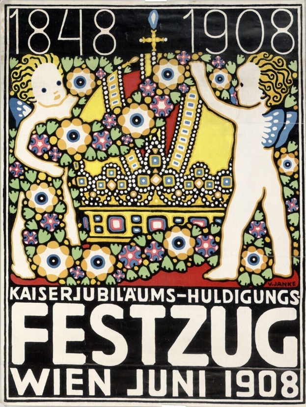 Plakat für ein Festival in Wien, Österreich, das ein Gemälde von zwei Kindern zeigt, die Arm in Arm nebeneinander stehen und Text, der Festivaldetails bereitstellt.