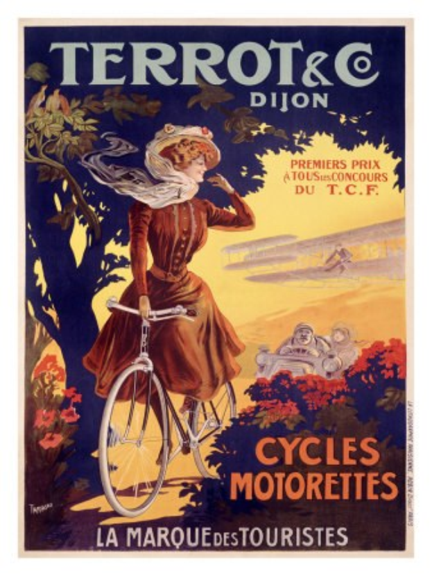 Ein Plakat, das eine Fahrradtour in Frankreich bewirbt, zeigt eine Frau, die ein Fahrrad fährt, umgeben von Bäumen, Blumen und anderen Radfahrern, mit Text, der die Tour beschreibt.