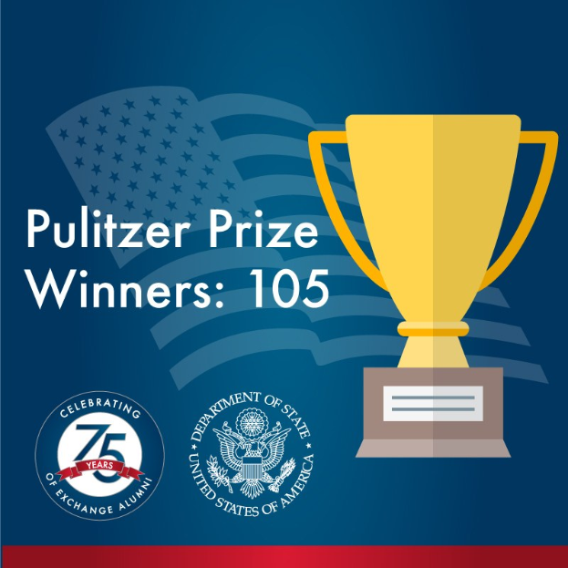 Ein Plakat mit einem zentralen Becher-Symbol umgeben von Text und Logos, das "Pulitzer-Preis-Gewinner 105" lautet.