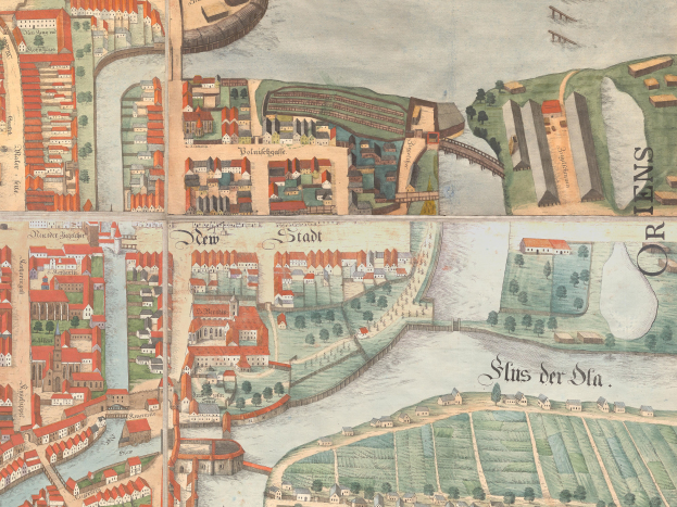 Ein detailliertes altes Stadtplan von Stuttgart, Deutschland, der Straßen, Gebäude, Bäume, Wasser und Text zeigt, der die Bevölkerung, Sehenswürdigkeiten und Geschichte der Stadt beschreibt.