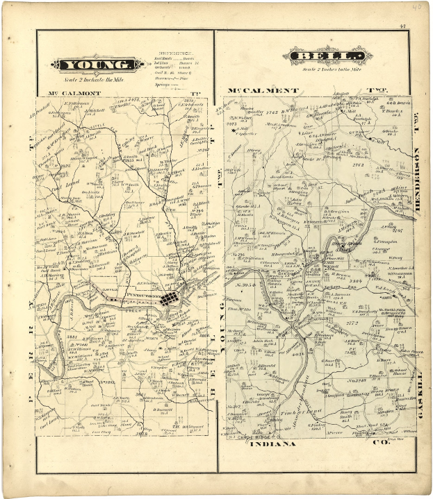 Detailierte alte Karte von Young, Indiana, mit Straßen, Gebäuden und Sehenswürdigkeiten.