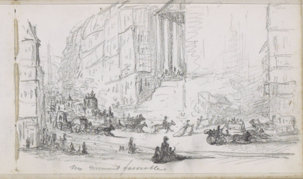 Eine detaillierte Zeichnung einer belebten Stadtstraße mit Menschen, Fahrzeugen und Gebäuden, geschaffen von Joseph Mallord William Turner, mit Text unten.